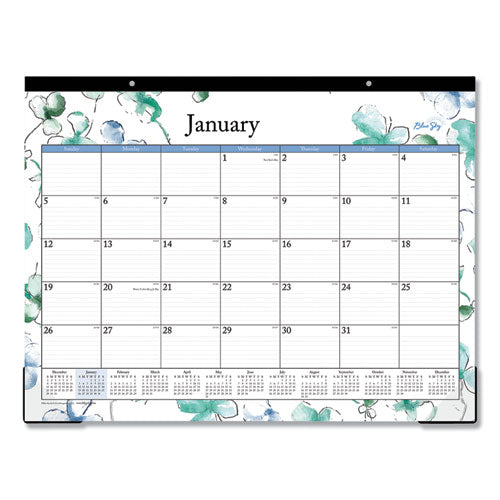 Lindley Desk Pad, Floral Artwork, 17 X 11, White/blue/green Sheets, Black Binding, Clear Corners, 12-month (jan-dec): 2023