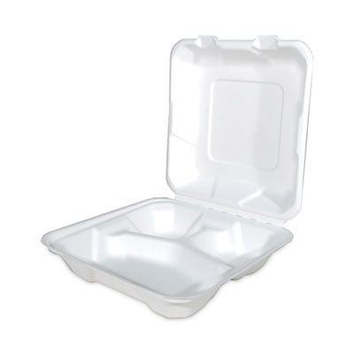ChampWare Molded-Fiber Clamshell Containers, 8 x 8, White, Sugarcane, 200/Carton
