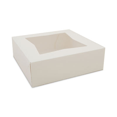 White Window Bakery Boxes with Attached Flip Top, 4-Corner Beers Design, 8 x 8 x 2.5, White, Paper, 200/Carton