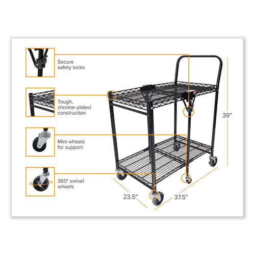 Stowaway Folding Carts, Metal, 2 Shelves, 250 Lb Capacity, 35" X 37.25" X 22", Black