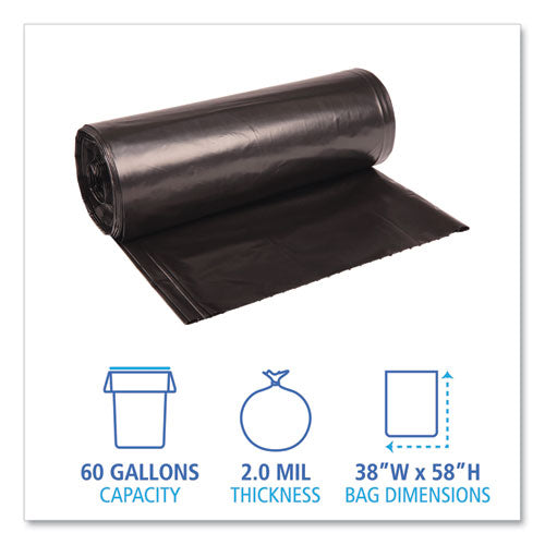 Low Density Repro Can Liners, 60 Gal, 2 Mil, 38" X 58", Black, 10 Bags/roll, 10 Rolls/carton