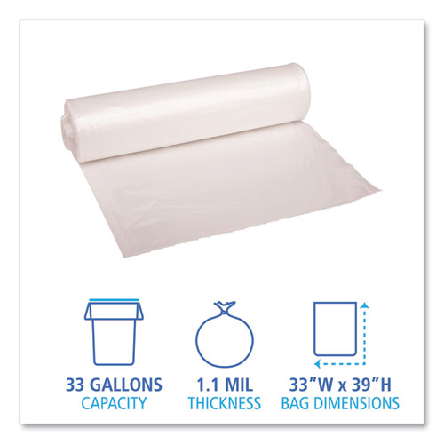 Low Density Repro Can Liners, 33 Gal, 1.1 Mil, 33" X 39", Clear, 10 Bags/roll, 10 Rolls/carton