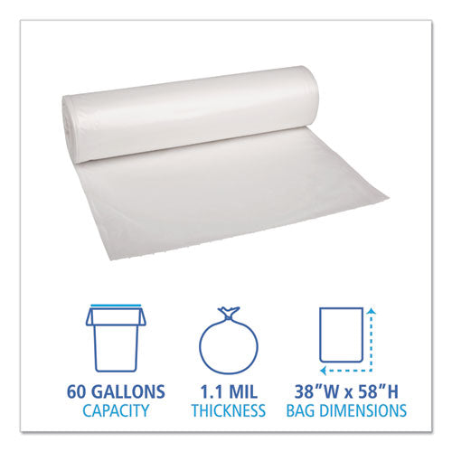 Low Density Repro Can Liners, 60 Gal, 1.1 Mil, 38" X 58", Clear, 10 Bags/roll, 10 Rolls/carton