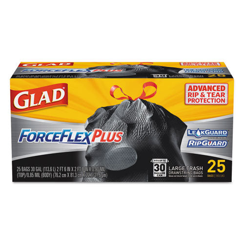 Forceflexplus Drawstring Large Trash Bags, 30 Gal, 1.05 Mil, 30" X 32", Black, 70/box