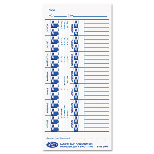 Time Clock Cards For Lathem Time 1600e, One Side, 4 X 9, 100/pack