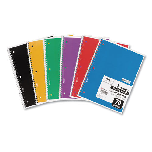 Spiral Notebook, 1 Subject, Medium/college Rule, Assorted Covers, 10.5 X 8, 70 Sheets, 6/pack