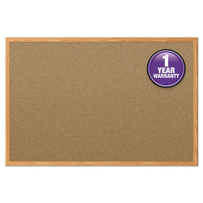 Economy Cork Board With Oak Frame, 48 X 36, Natural Surface, Oak Fiberboard Frame