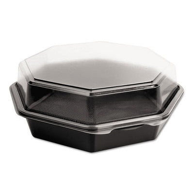 OctaView Hinged-Lid Cold Food Containers, 42 oz, 9.57 x 9.2 x 3.2, Black/Clear, Plastic, 100/Carton