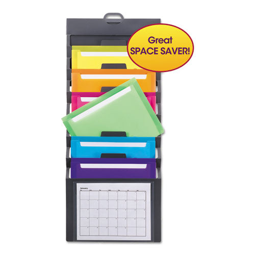 Cascading Wall Organizer, 6 Sections, Letter Size, 14.25 X 24.25, Gray, Neon Green, Neon Orange, Neon Pink, Purple, Yellow
