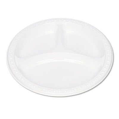 Plastic Dinnerware, Compartment Plates, 9" Dia, White, 125/pack