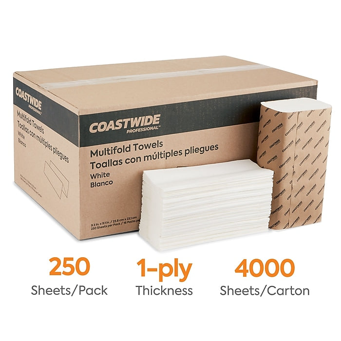 Coastwide Professional Multifold Paper Towels, 1-ply, 250 Sheets/Pack, 16 Packs/Carton (CW58045)
