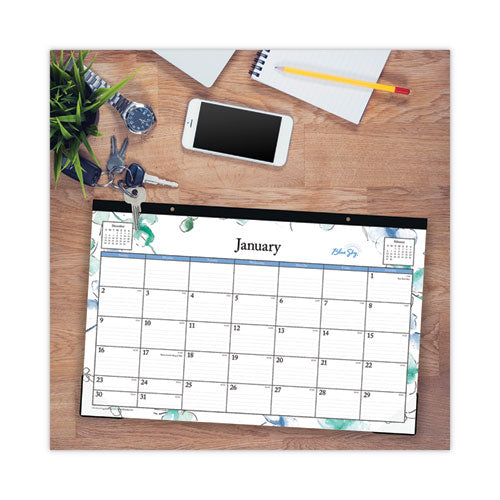Lindley Desk Pad, Floral Artwork, 17 X 11, White/blue/green Sheets, Black Binding, Clear Corners, 12-month (jan-dec): 2023