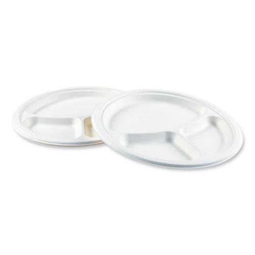 Bagasse Pfas-free Dinnerware, Plate, 10" Dia, 3-compartment, White, 500/carton
