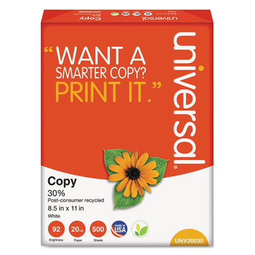 30% Recycled Copy Paper, 92 Bright, 20 Lb Bond Weight, 8.5 X 11, White, 500 Sheets/ream, 10 Reams/carton, 40 Cartons/pallet
