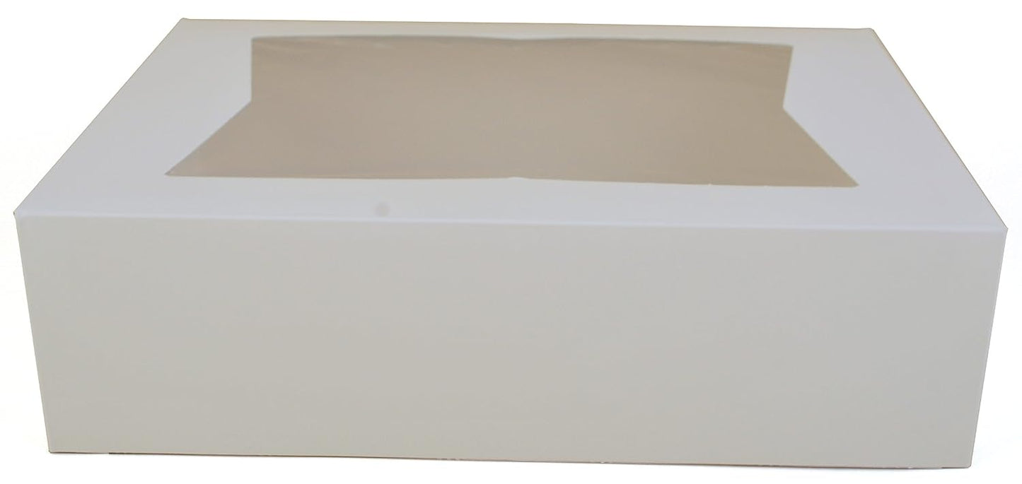 White Window Bakery Boxes with Attached Flip Top, 4-Corner Beers Design, 14 x 10 x 4, White, Paper, 100/Carton