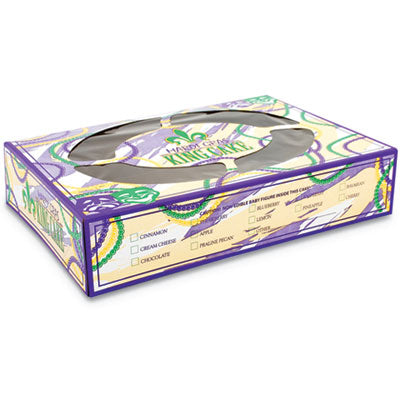 Mardi Gras King Cake Window Boxes, 14 x 10 x 3, Green/Purple/White, Paper, 100/Carton