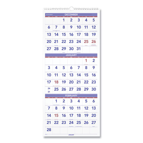 Deluxe Three-month Reference Wall Calendar, Vertical Orientation, 12 X 27, White Sheets, 14-month (dec To Jan): 2022 To 2024
