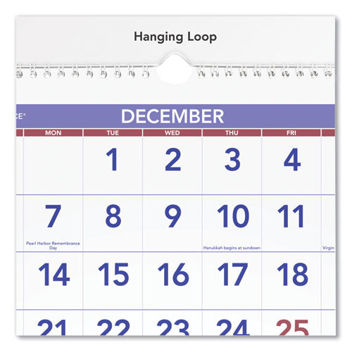 Deluxe Three-month Reference Wall Calendar, Vertical Orientation, 12 X 27, White Sheets, 14-month (dec To Jan): 2022 To 2024