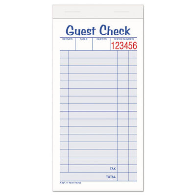 Guest Check Pad, Two-part Carbonless, 6.38 X 3.38, 50 Forms Total