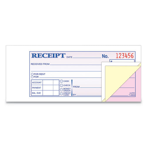 Receipt Book, Three-part Carbonless, 7.19 X 2.75, 4 Forms/sheet, 100 Forms Total