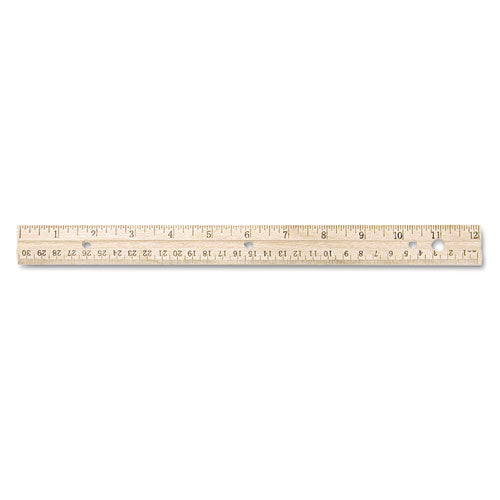 Three-hole Punched Wood Ruler English And Metric With Metal Edge, 12" Long
