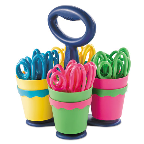 Scissor Caddy With Kids' Scissors, 5" Long, 2" Cut Length, Light Blue; Light Green; Pink; Yellow, Straight Handles, 24/set
