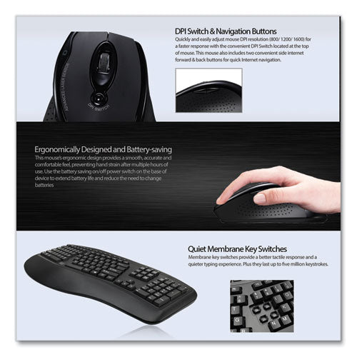 Wkb1500gb Wireless Ergonomic Keyboard And Mouse, 2.4 Ghz Frequency/30 Ft Wireless Range, Black