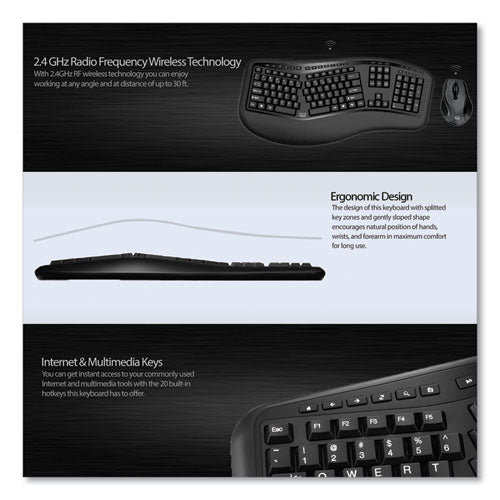 Wkb1500gb Wireless Ergonomic Keyboard And Mouse, 2.4 Ghz Frequency/30 Ft Wireless Range, Black