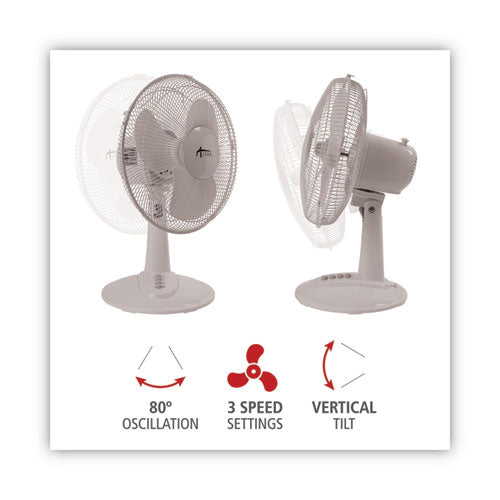12" 3-speed Oscillating Desk Fan, Plastic, White