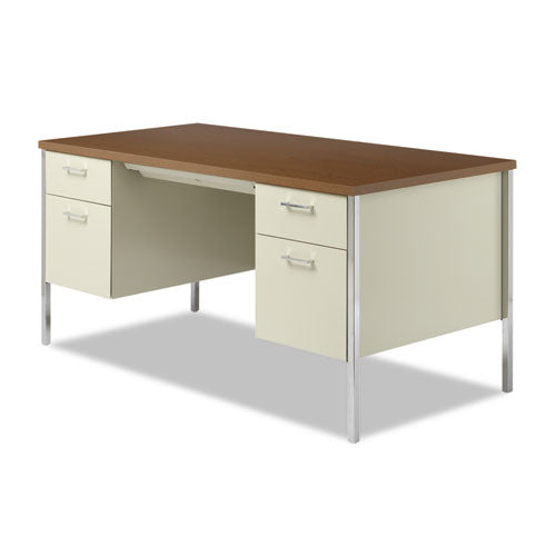 Double Pedestal Steel Desk, 60" X 30" X 29.5", Cherry/putty