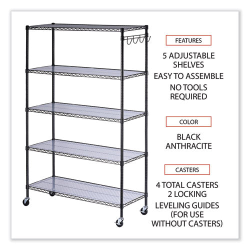 5-shelf Wire Shelving Kit With Casters And Shelf Liners, 48w X 18d X 72h, Black Anthracite