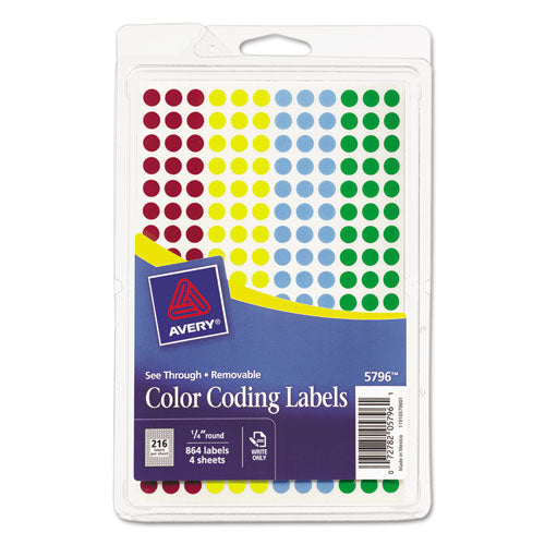 Handwrite-only Self-adhesive "see Through" Removable Round Color Dots, 0.25" Dia, Assorted, 216/sheet, 4 Sheets/pack, (5796)