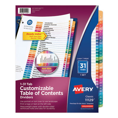 Customizable Toc Ready Index Multicolor Tab Dividers, 31-tab, 1 To 31, 11 X 8.5, White, Traditional Color Tabs, 1 Set