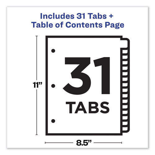 Customizable Toc Ready Index Multicolor Tab Dividers, 31-tab, 1 To 31, 11 X 8.5, White, Traditional Color Tabs, 1 Set