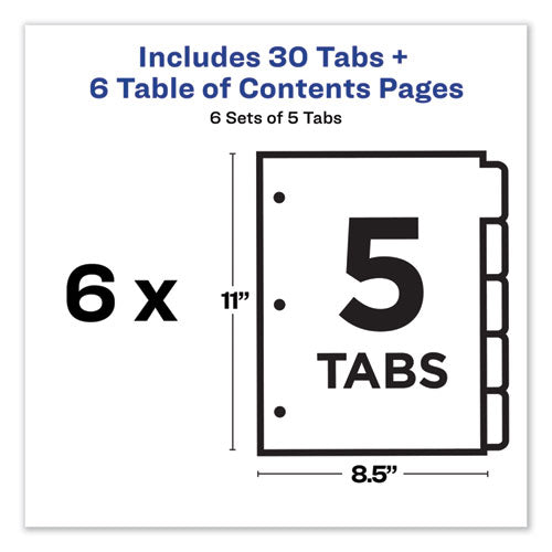 Customizable Toc Ready Index Multicolor Tab Dividers, 5-tab, 1 To 5, 11 X 8.5, White, Traditional Color Tabs, 6 Sets