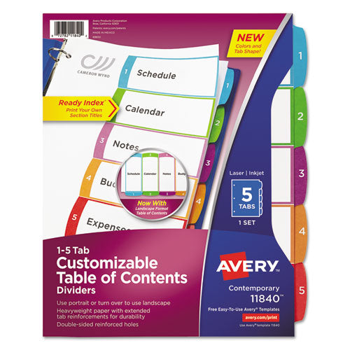 Customizable Toc Ready Index Multicolor Tab Dividers, 5-tab, 1 To 5, 11 X 8.5, White, Traditional Color Tabs, 6 Sets