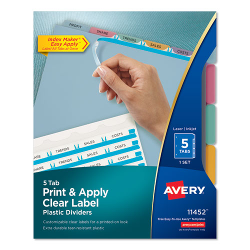 Print And Apply Index Maker Clear Label Plastic Dividers With Printable Label Strip, 5-tab, 11 X 8.5, Assorted Tabs, 1 Set