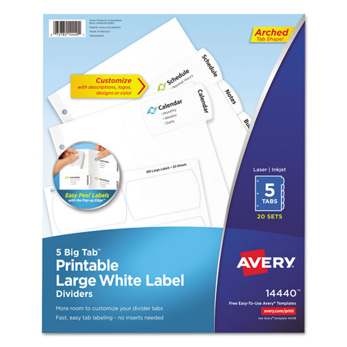 Big Tab Printable White Label Tab Dividers, 5-tab, 11 X 8.5, White, 20 Sets