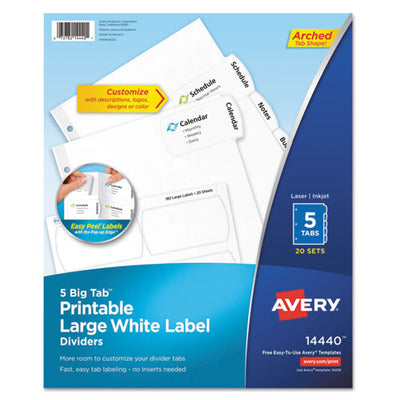 Big Tab Printable Large White Label Tab Dividers, 5-tab, 11 X 8.5, White, 20 Sets