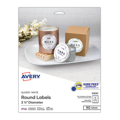 Round Print-to-the Edge Labels With Surefeed, 2.5" Dia, Glossy White, 90/pk