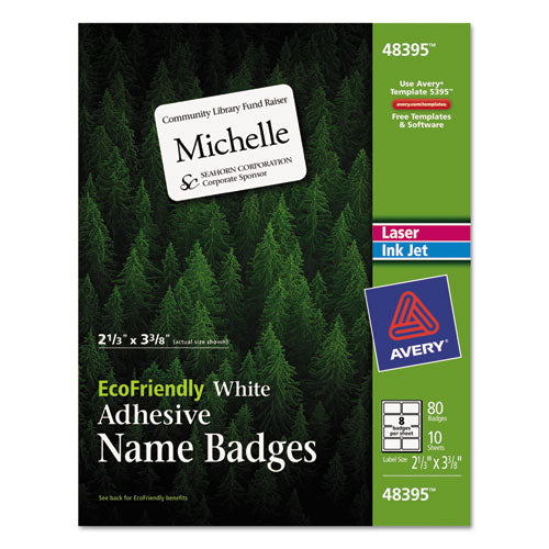 Ecofriendly Adhesive Name Badge Labels, 3.38 X 2.33, White, 80/pack