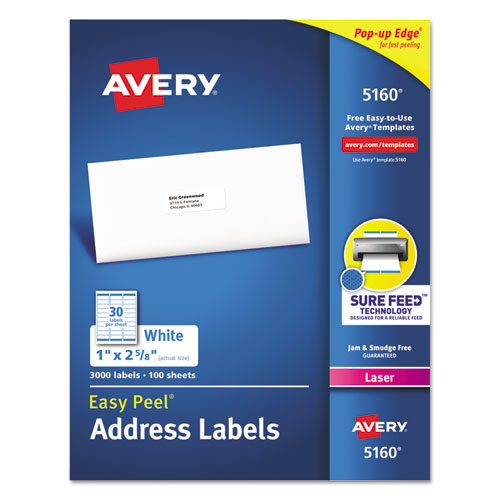 Easy Peel White Address Labels W/ Sure Feed Technology, Laser Printers, 0.5 X 1.75, White, 80/sheet, 25 Sheets/pack