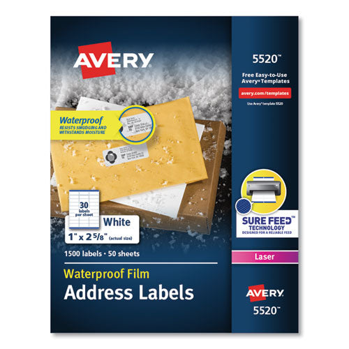 Waterproof Address Labels With Trueblock And Sure Feed, Laser Printers, 1.33 X 4, White, 14/sheet, 50 Sheets/pack