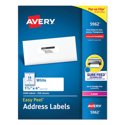 Easy Peel White Address Labels W/ Sure Feed Technology, Laser Printers, 1.33 X 4, White, 14/sheet, 250 Sheets/box