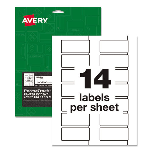 Permatrack Tamper-evident Asset Tag Labels, Laser Printers, 0.75 X 2, White, 30/sheet, 8 Sheets/pack