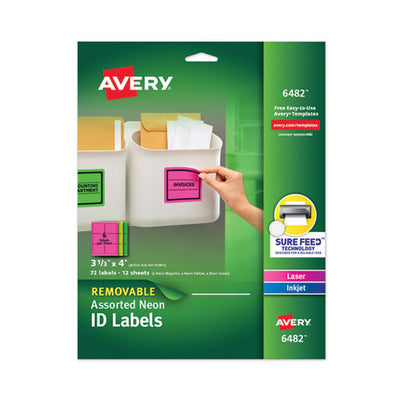 High-vis Removable Laser/inkjet Id Labels W/ Sure Feed, 3.33 X 4, Neon, 72/pk