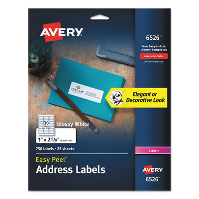 Glossy White Easy Peel Mailing Labels W/ Sure Feed Technology, Laser Printers, 1 X 2.63, White, 30/sheet, 25 Sheets/pack