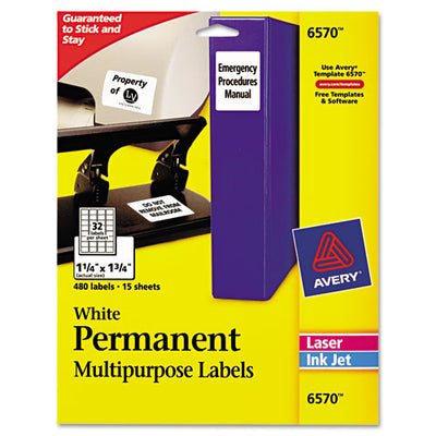 Permanent Id Labels W/ Sure Feed Technology, Inkjet/laser Printers, 1.25 X 1.75, White, 32/sheet, 15 Sheets/pack