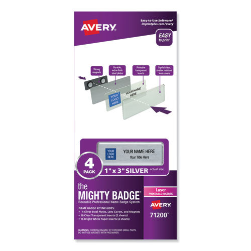 The Mighty Badge Name Badge Holder Kit, Horizontal, 3 X 1, Inkjet, Silver, 4 Holders/32 Inserts