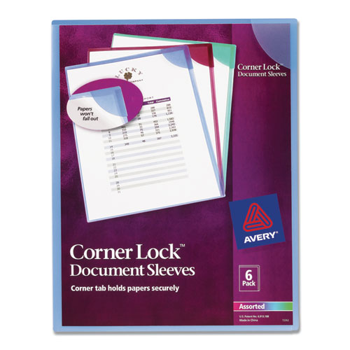 Corner Lock Document Sleeves, Letter Size, Assorted Colors, 6/pack